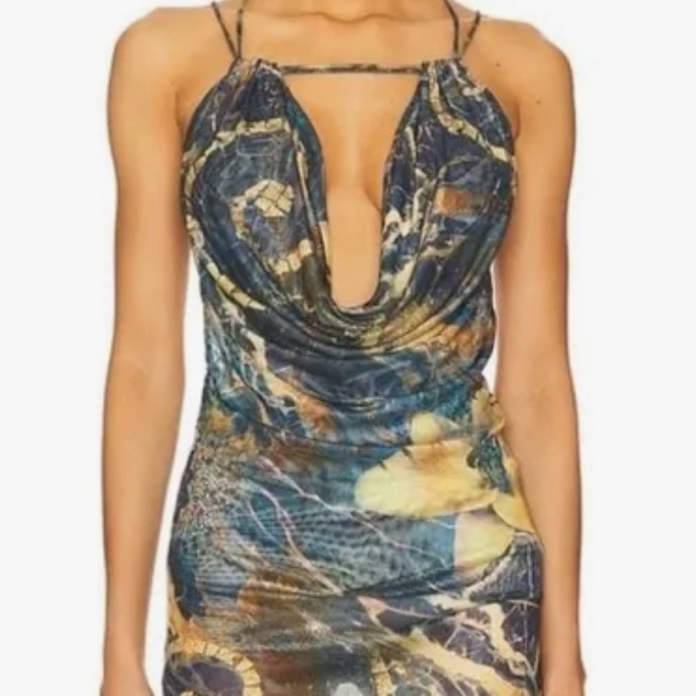 Jaded London Navy and Gold Backless Cowl Neck Dress